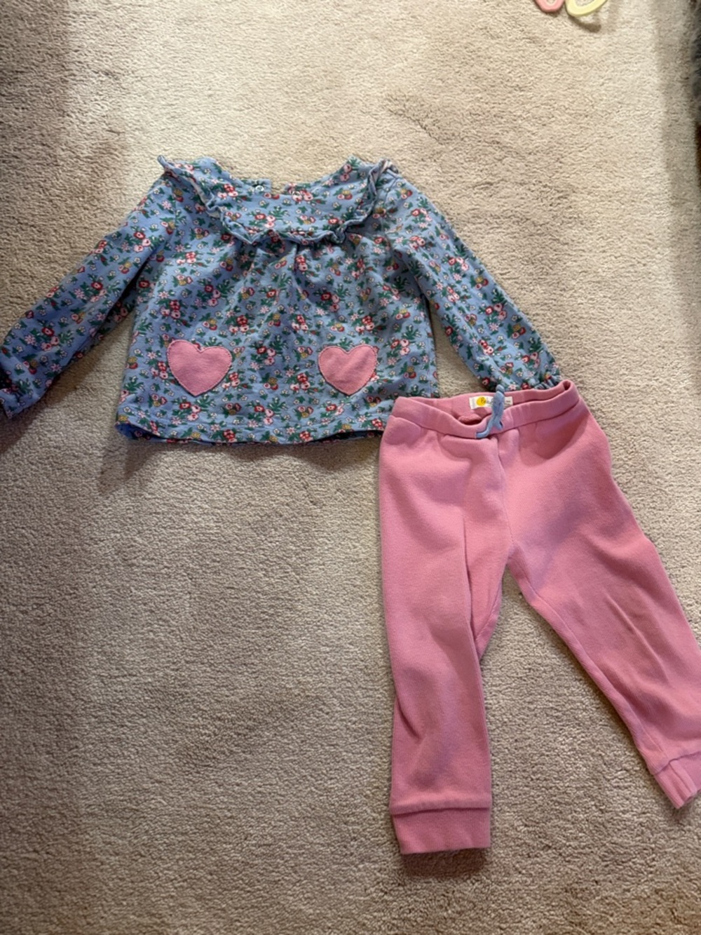 Baby Boden Girls Blue Floral Top with Pink Heart Pockets + Pink Pants Set